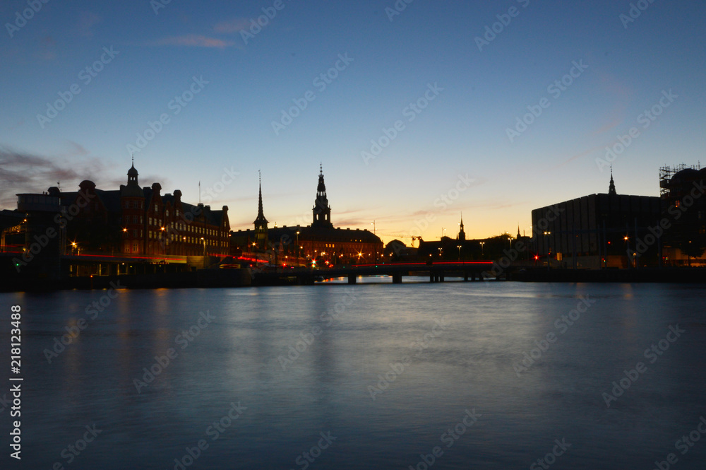 Historical city center of Copenhagen during the sunset.