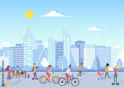 People with bikecycles, hoverboards, babies walking and relaxing in urban city square street with modern city skyline on the background. Trendy flat gradient vector illustration.