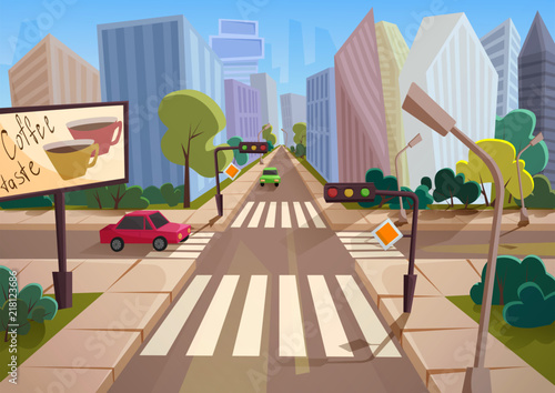 Trendy cartoon gradient style vector city with crossroad, road signs and cars. © lembergvector