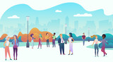 People gathering and communicating in the city urban park square landscape. Talking in nature together, community and modern lifestyle concept. Trendy gradient flat color vector illustration.