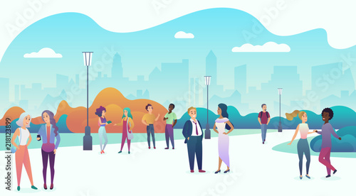 People gathering and communicating in the city urban park square landscape. Talking in nature together, community and modern lifestyle concept. Trendy gradient flat color vector illustration.
