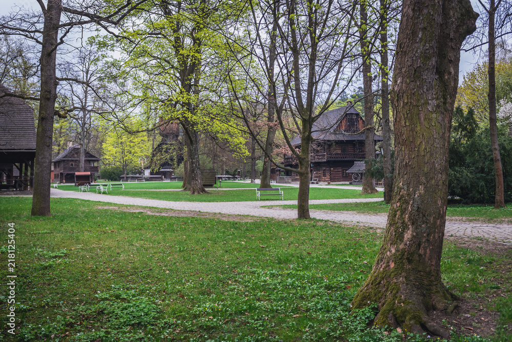 Wooden building from Wallachia region in a park in Roznov pod Radhostem, small town in Czech Republic