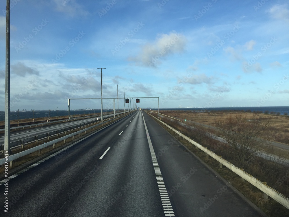 Fototapeta premium The Oresund bridge between Denmark and Sweden. Driving from Sweden to Denmark. Bridge on the sea ,architecture landscape in sweden