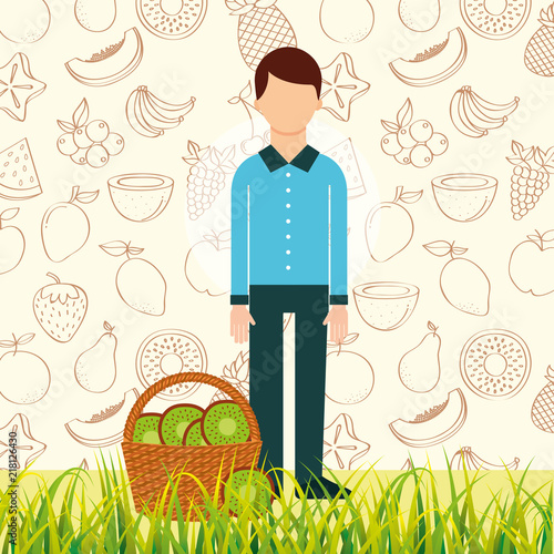 man with basket full kiwi in the grass