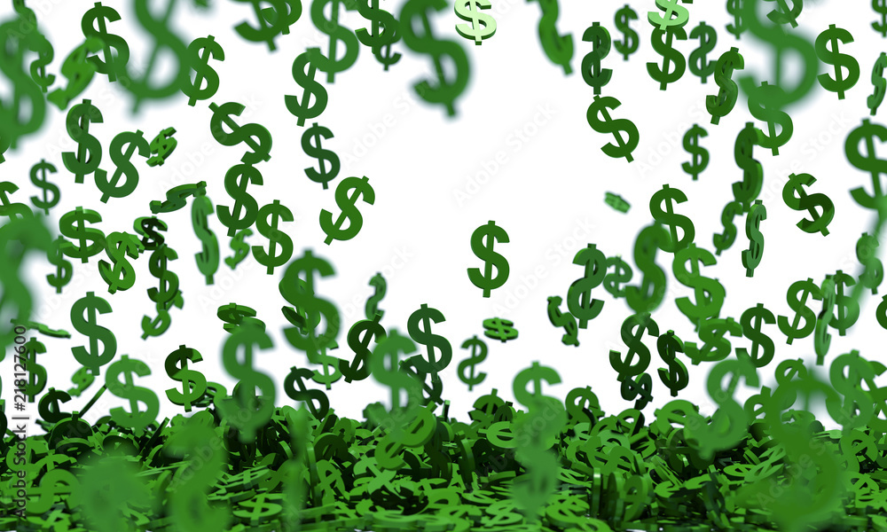 Green Dollar Signs Raining on White Background
