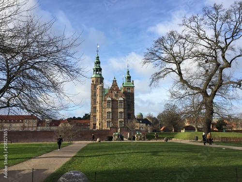 Rosenborg Castle Gardens in Copenhagen, Denmark. Sunny winter day view. The castle was originally built as a country summerhouse in 1606.