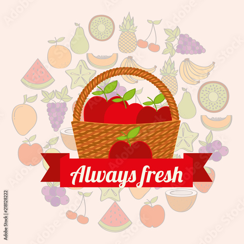 label wicker basket with always fresh apples