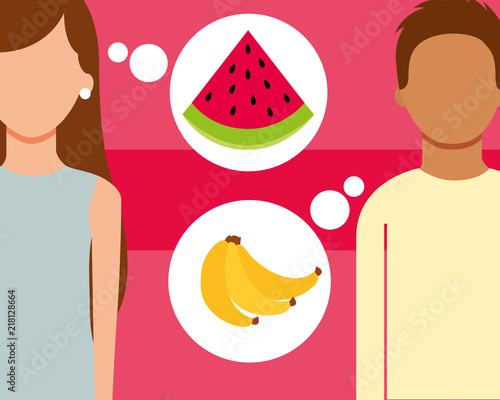 man and woman talking of fruits fresh banana watermelon