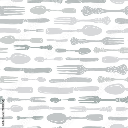 Seamless Vintage Heirloom Silverware Horizontal Stripe Vector Repeat Pattern in Subtle Gray Green Palette on Light Background