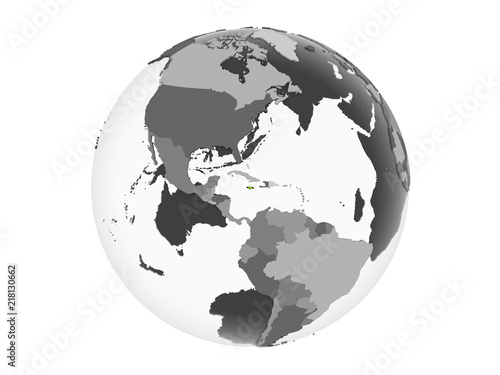 Jamaica with flag on globe isolated