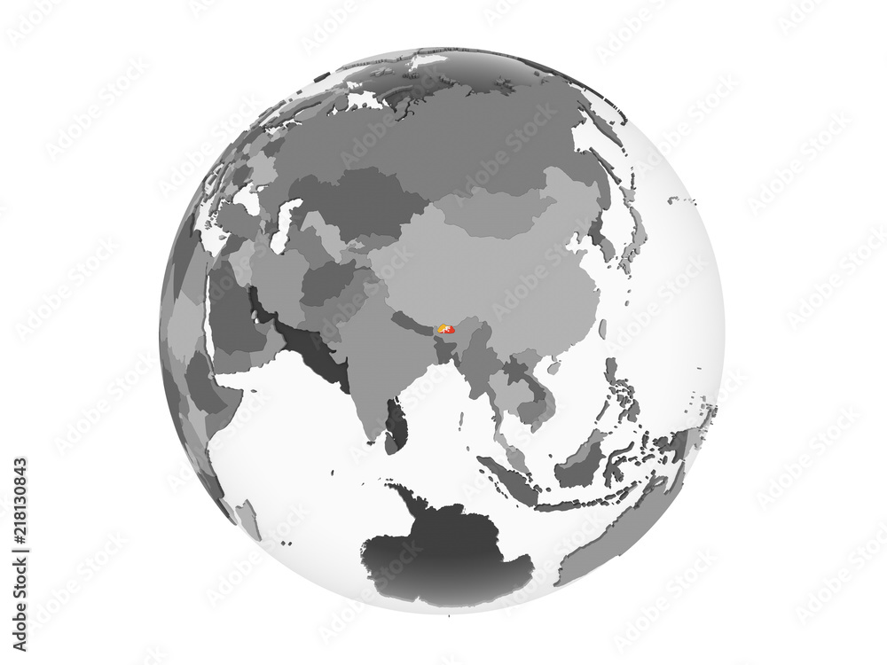 Bhutan with flag on globe isolated