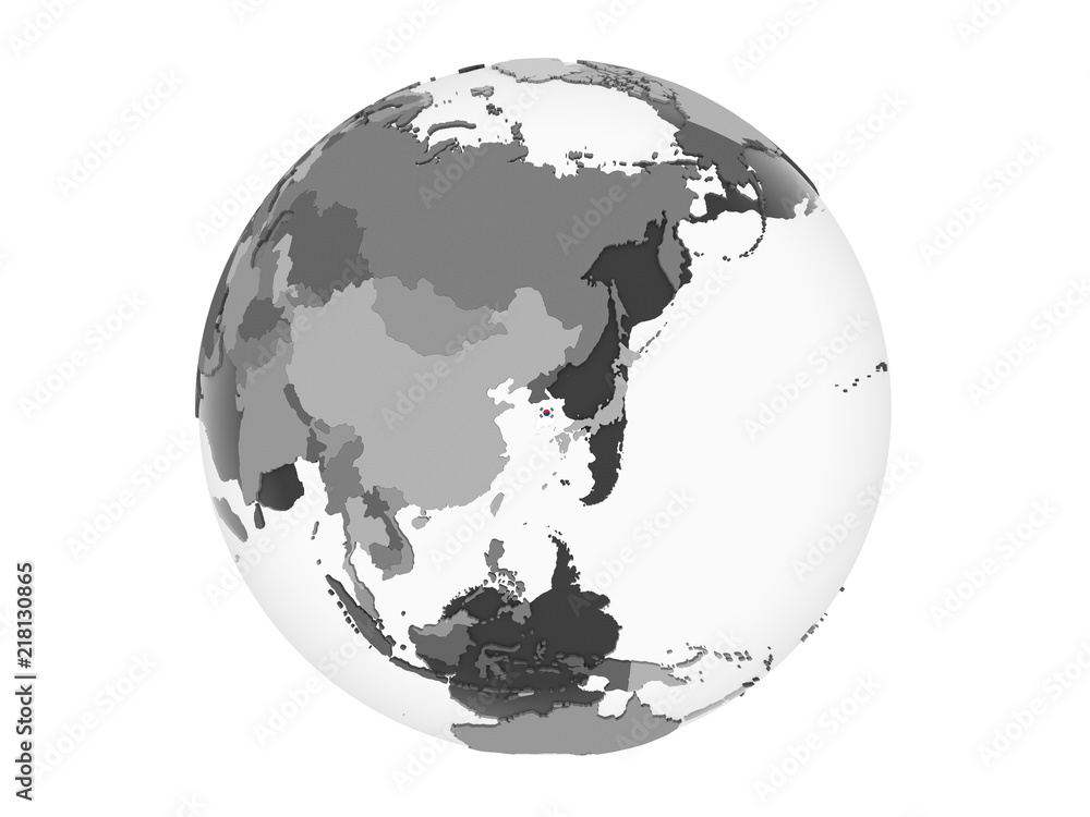 Obraz premium South Korea with flag on globe isolated