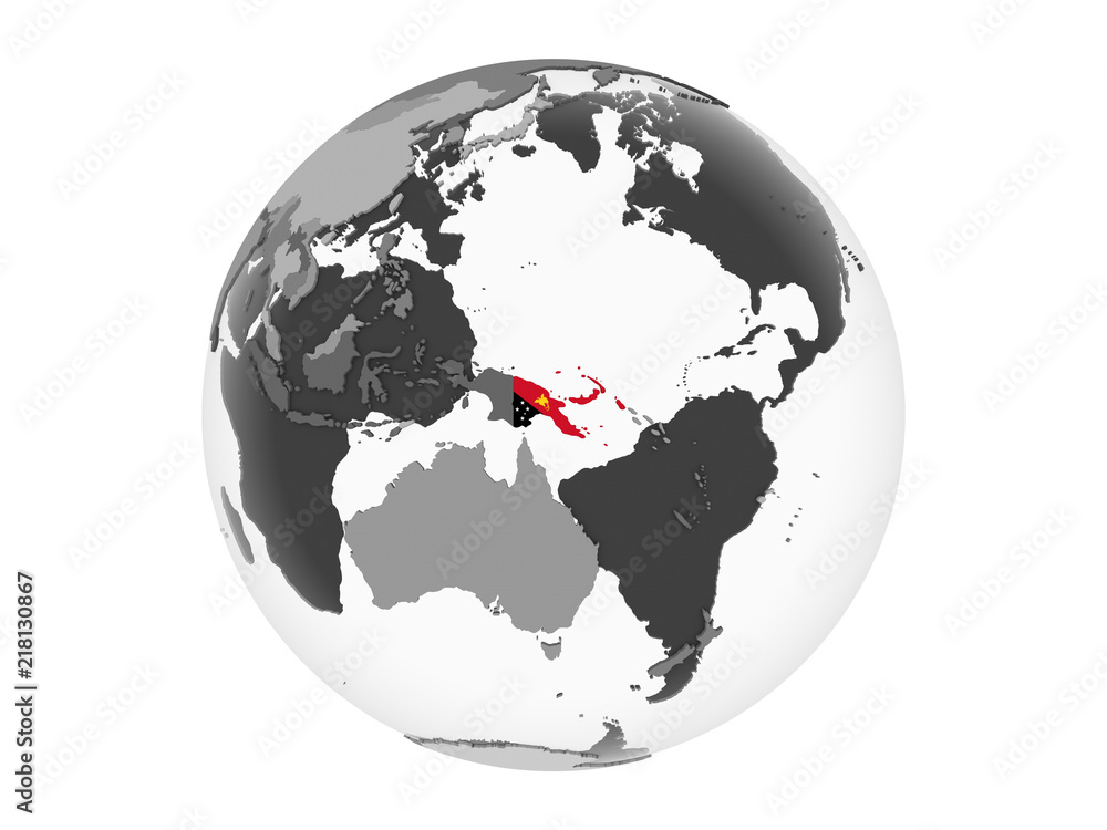 Papua New Guinea with flag on globe isolated