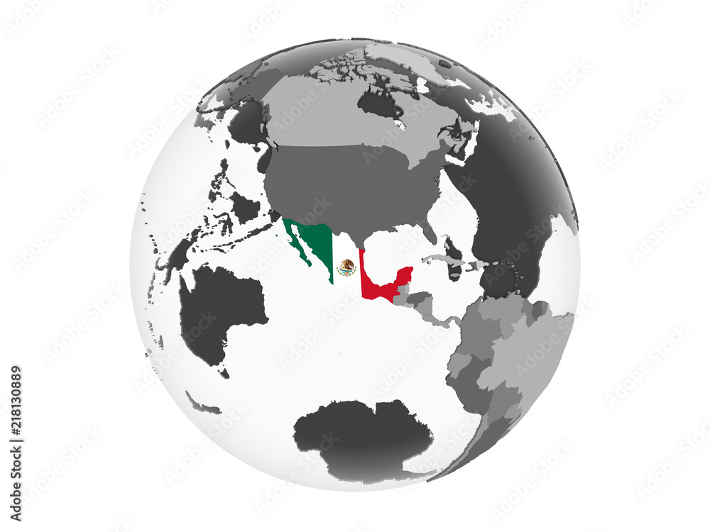 Mexico with flag on globe isolated