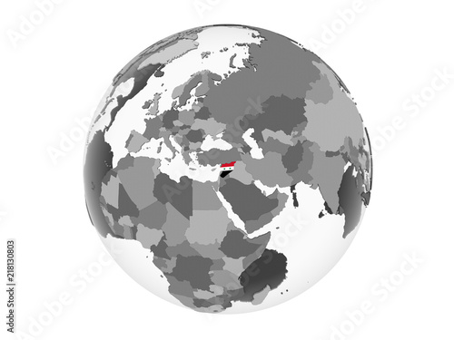 Syria with flag on globe isolated