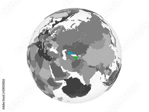 Uzbekistan with flag on globe isolated