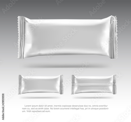 Realistic blank mockup of flow pack. Vector illustration on gray background, ready and simple to use for your design. Quickly allow you to present your idea or the finished product. EPS10.