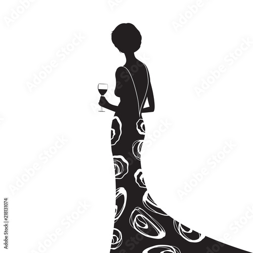 The Black Dress, Woman in Silhouette with a Glass of Wine, Vector Illustration