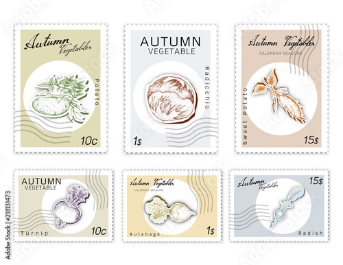 Autumn Vegetables, Post Stamps Set of Hand Drawn Sketch Turnip, Potato, Sweet Potato, Radish, Rutabaga, Radicchio in Trendy Origami Deep Paper Art Carving Style. 