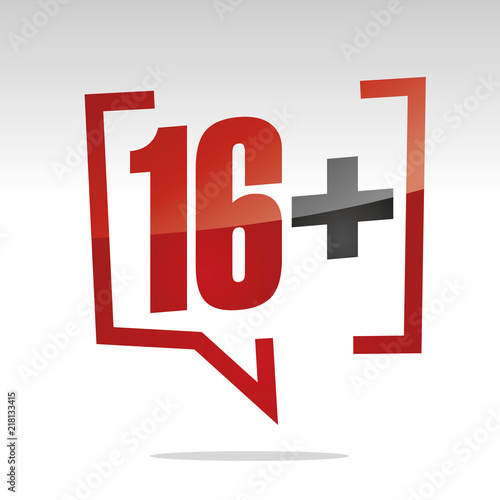 Sixteen 16 plus sign in brackets speech red white isolated sticker icon