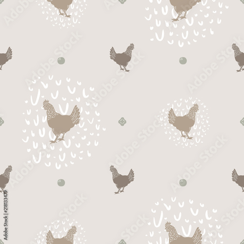 Seamless Vector Modern Farmhouse Chicken and Egg Polka Dot Print in Shades of Brown.