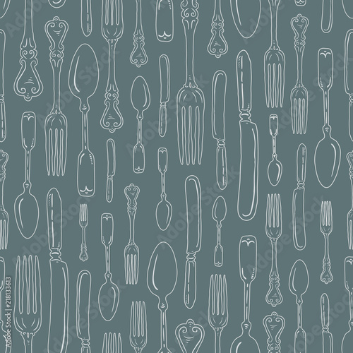 Seamless Vintage Heirloom Silverware Outline Vertical Stripe Vector Repeat Pattern in Subtle Gray on Green Background