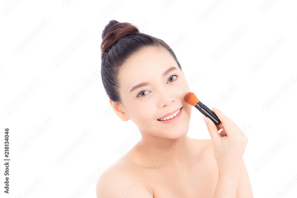 Beauty of portrait asian woman applying make up with brush of cheek isolated on white background, beautiful of girl holding blusher, skincare and cosmetic concept. Beauty of portrait asian woman applying make up with brush of cheek isolated on white background, beautiful of girl holding blusher, skincare and cosmetic concept.