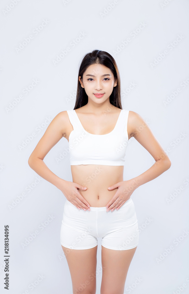 Portrait young asian woman smiling beautiful body diet with fit isolated on white background, model girl weight slim with cellulite or calories, health and wellness concept. Portrait young asian woman smiling beautiful body diet with fit isolated on white background, model girl weight slim with cellulite or calories, health and wellness concept.