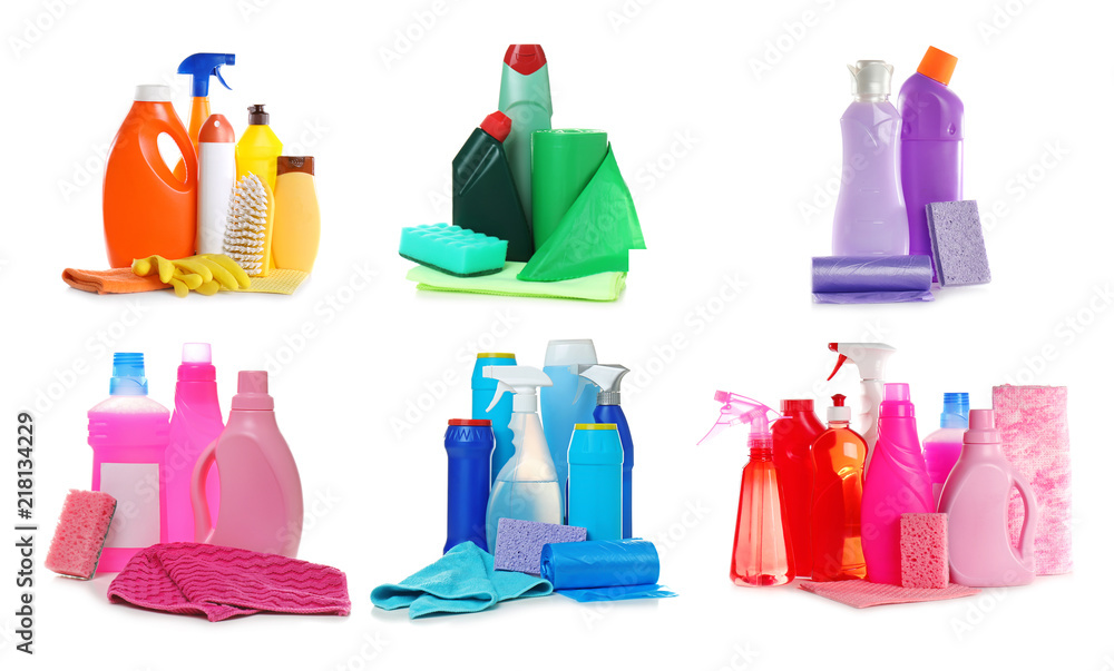 Set of different cleaning supplies in white background Set of different cleaning supplies in white background