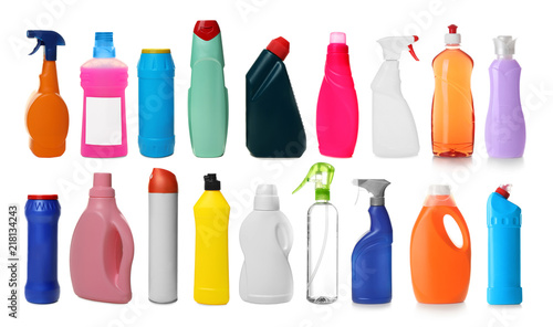 Set of different cleaning supplies in white background