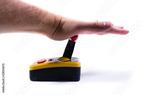 Man runs Toggle switch isolated on white background. Lever controller with a red handle. Concept of launching an idea, project, start.