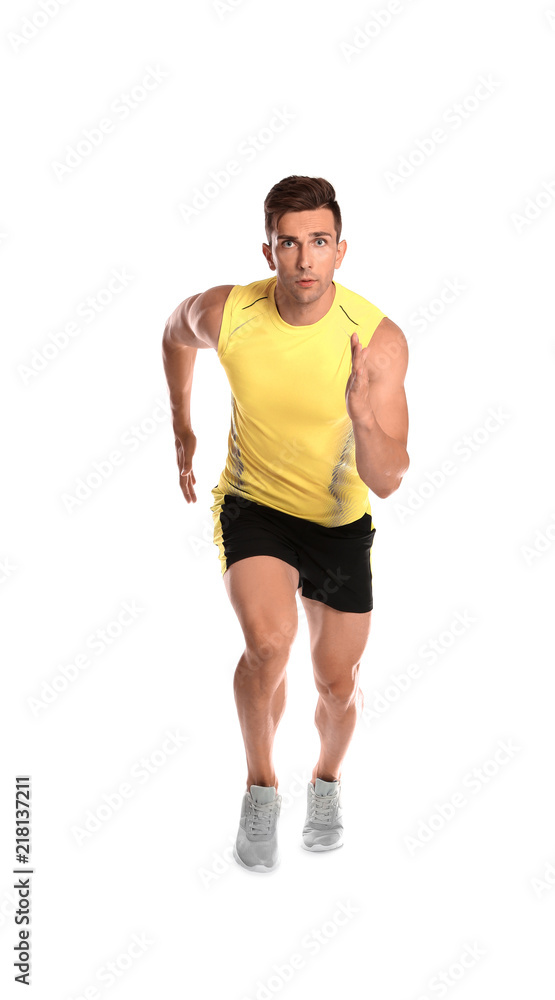 Sporty young man running on white background Sporty young man running on white background