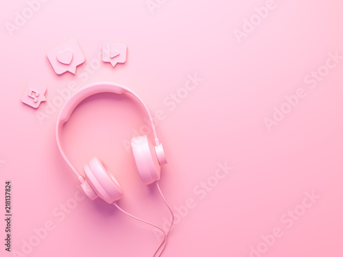 Vintage Pink Headphone with Pin heart, sound, song, play, recording. Overhead view of Traveler's accessories, Flat lay photography of Travel concept. Pink isolated background. 3d render