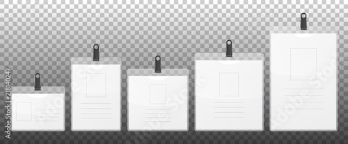 Vector realistic 3d empty graphic Id Card with holder cllip icon set closeup isolated on transparency grid background. Design template for mockup