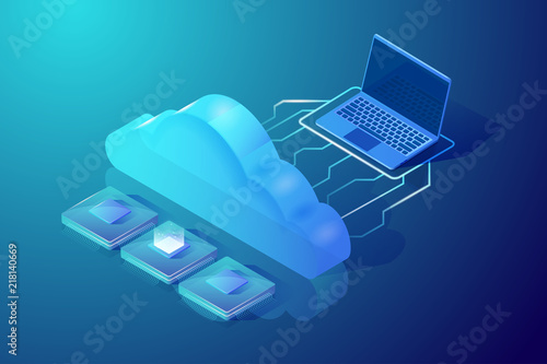 Cloud computing and storage. Isometric vector illustration. Abstract design concept. Picture showing laptop, cloud and central processing units. Hosting and data processing.