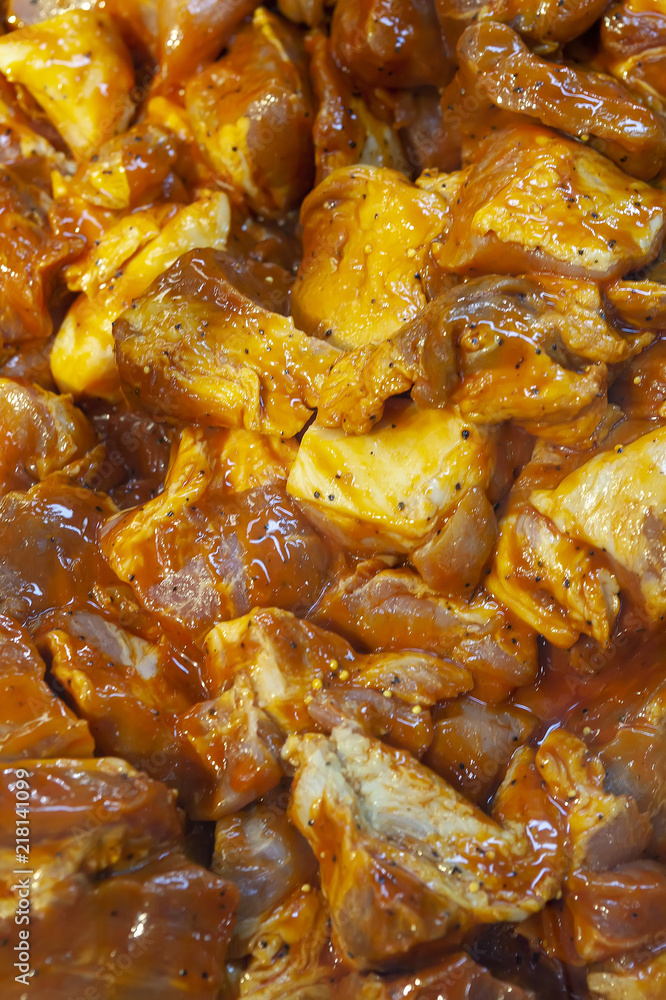 Fresh pickled meat for shish kebab. View from above. Fresh pickled meat for shish kebab. View from above.