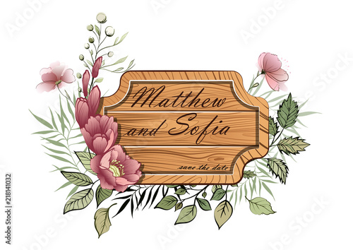 Wedding floral invite, wooden plate vintage, invtation card design. Watercolor blush pink rose, white garden peony flowers, green leaves, greenery fern
