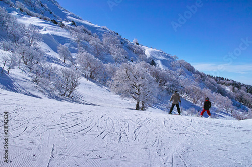 ゲレンデを滑走する前のスキーヤー