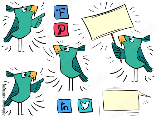 Set blue doodle birds for communication social media
