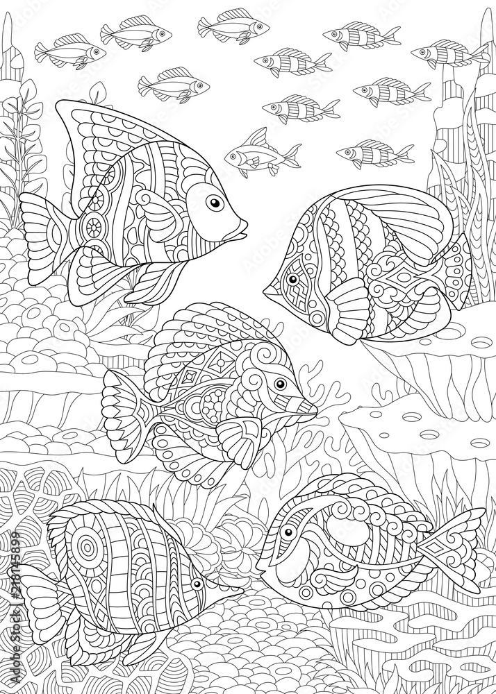 Fototapeta premium Coloring Page. Coloring Book. Colouring picture with tropical fishes. 