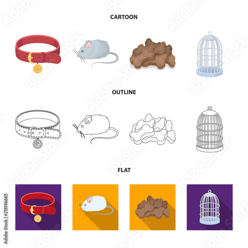 A collar, a forage, a toy, a cage and other products of the zoo store.Pet shop set collection icons in cartoon,outline,flat style vector symbol stock illustration web.