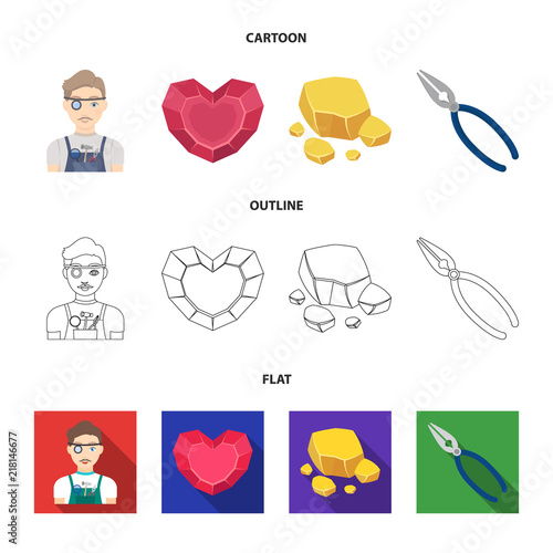Jeweler, pliers, gold ore, garnet in the form of heart. Precious minerals and jeweler set collection icons in cartoon,outline,flat style vector symbol stock illustration web.