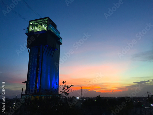 Sunset and Cable car tower in Puebla City, Mexico. 2018
