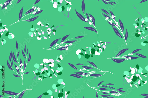 Tropical Seamless Pattern. Vector Eucalyptus Leaves and Beautiful Floral Elements. Botanical Summer Background. Elegant Tropical Seamless Pattern for Wedding Design  Print  Textile  Fabric  Wrapping.