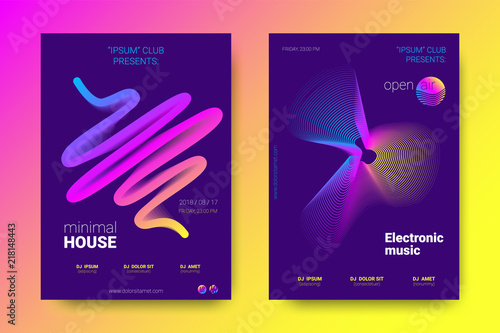 Music Posters with Equalizer and Wave Colorful Distorted Lines.