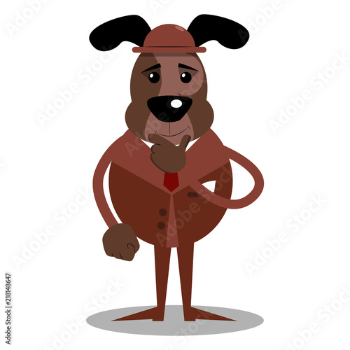 Cartoon vector illustrated business dog thinking with hand under his mouth.