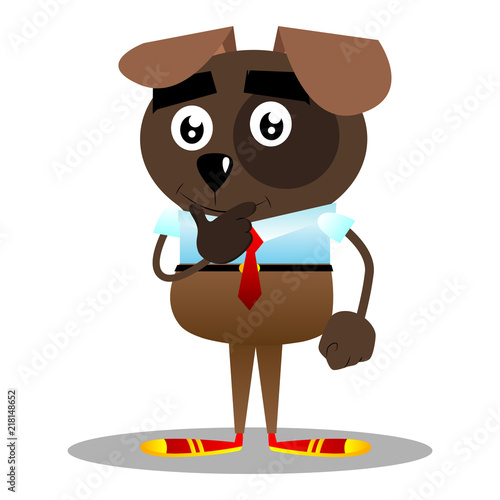 Cartoon vector illustrated business dog thinking with hand under his mouth.