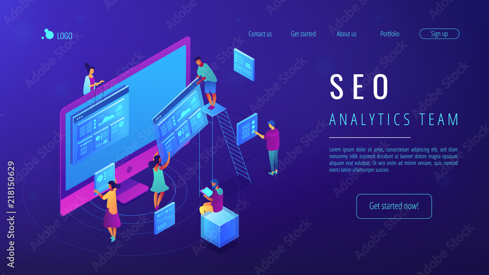 Isometric IT specialists working with web pages and charts landing page. Seo analysis and optimization, seo strategies and marketing concept. Blue violet background. Vector 3d isometric illustration. Isometric IT specialists working with web pages and charts landing page. Seo analysis and optimization, seo strategies and marketing concept. Blue violet background. Vector 3d isometric illustration.