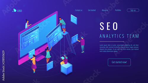 Isometric IT specialists working with web pages and charts landing page. Seo analysis and optimization, seo strategies and marketing concept. Blue violet background. Vector 3d isometric illustration.
