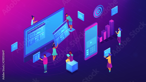 Isometric IT team working with charts on content marketing illustration. Business, digital content, content strategy and management concept. Ultra violet background. Vector 3d isometric illustration.